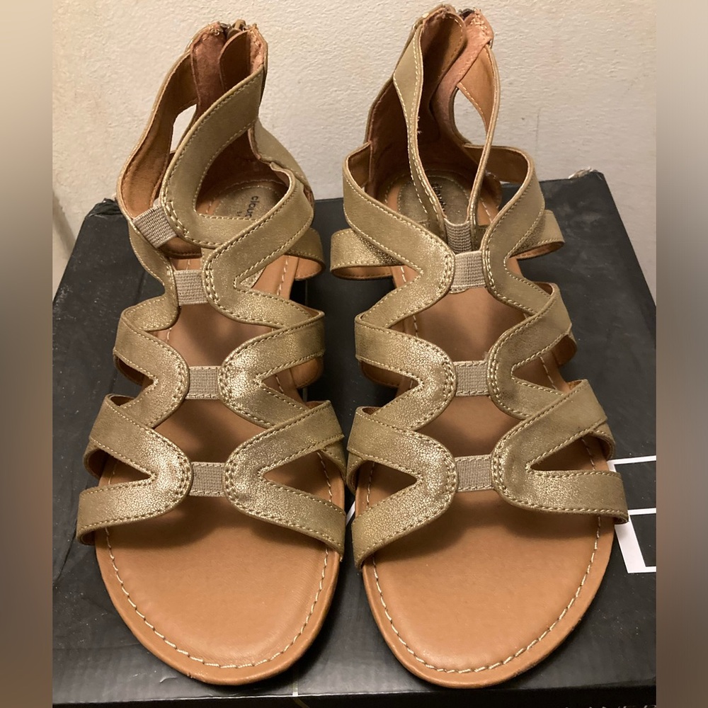 Gold gladiator strap wedge sandals